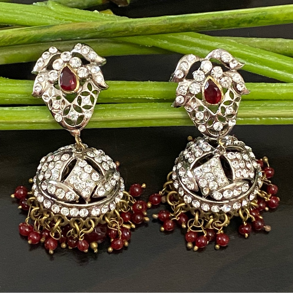 Indian Jhumka Brass & Ruby Red Dangling Pierced Earrings